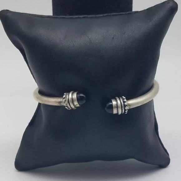 Vintage Sterling Silver Onyx Cuff Bracelet Boho Bali Style Dot  6.5 in 14 grams. - Picture 5 of 6